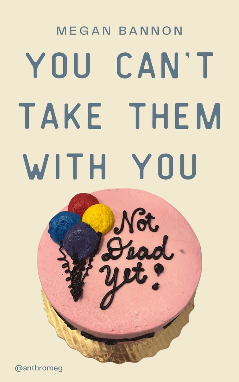 Cover of You Can't Take Them With You by Megan Bannon: a pink cake with balloons that reads "Not Dead Yet!"